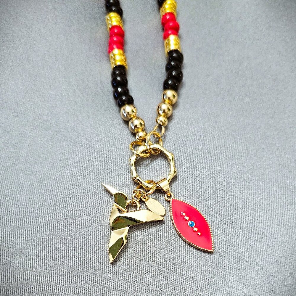 SALE!! Red, Black & Gold Bead Necklace with Gold Bird & Red Enamel Charms